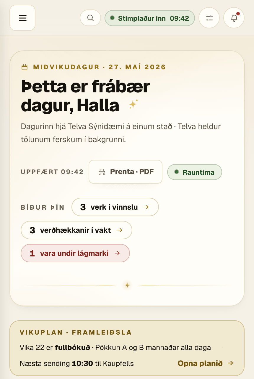 Mælaborð Telvu með yfirsýn yfir verkefni, sölu og rekstur. Dæmigögn.