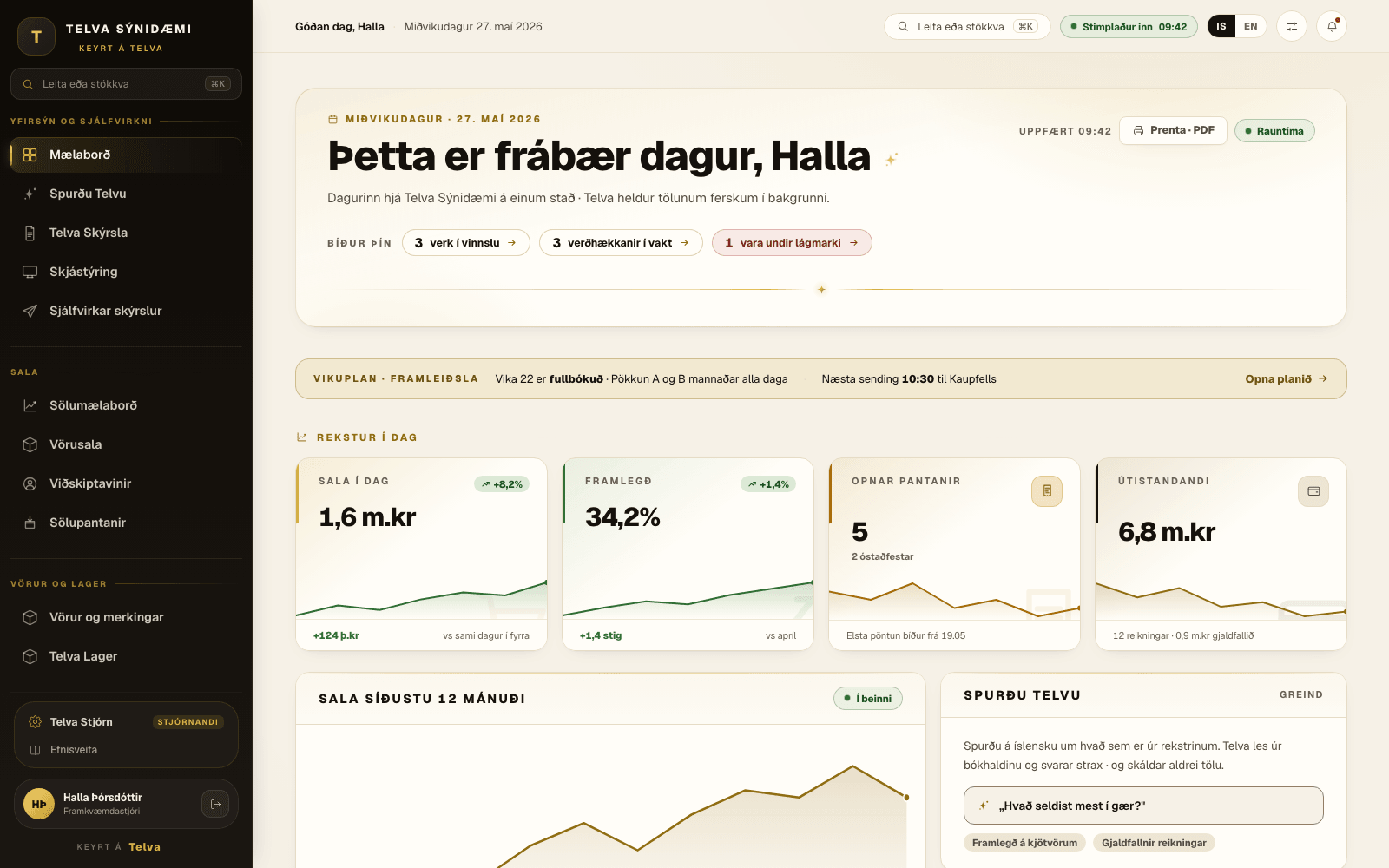 Mælaborð Telvu með sölu dagsins, framlegð, opnum pöntunum, útistandandi, línuriti yfir sölu síðustu tólf mánaða og lista yfir söluhæstu vörur.
