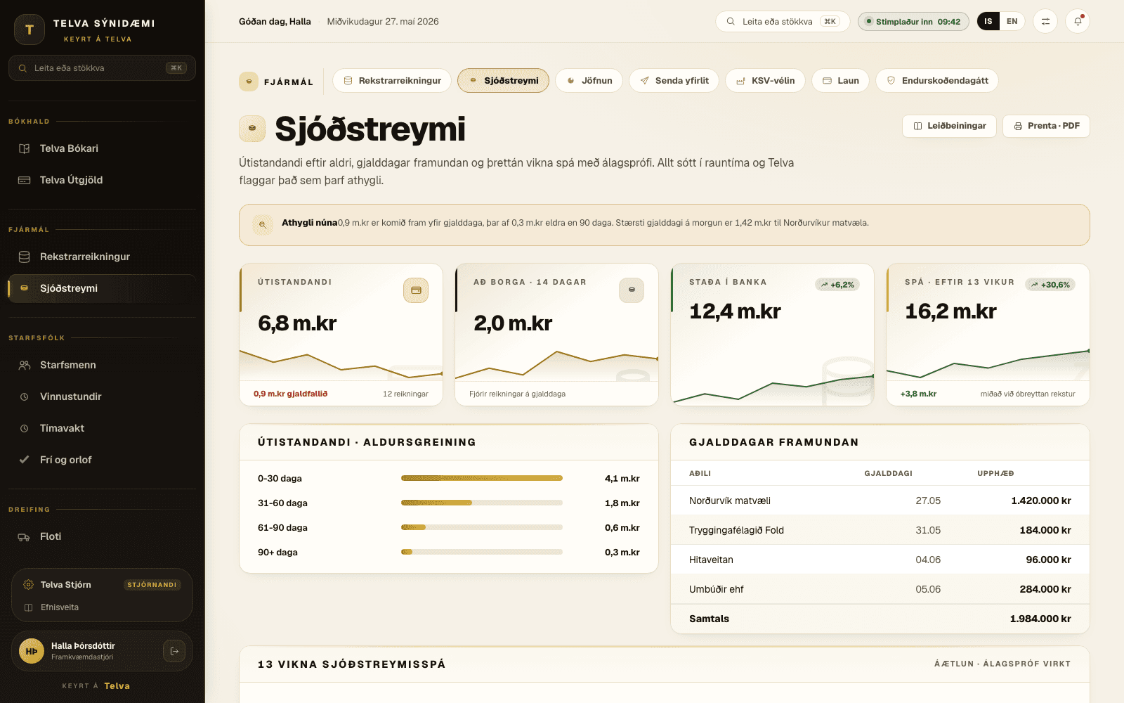 Sjóðstreymi í Telvu: útistandandi, staða í banka, aldursgreining krafna, gjalddagar framundan og þrettán vikna sjóðstreymisspá.