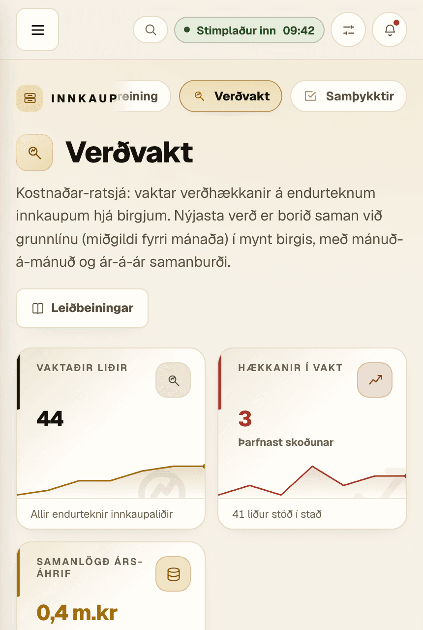 Verðvakt í Telvu í síma: vaktaðir liðir, hækkanir í vakt og samanlögð ársáhrif.
